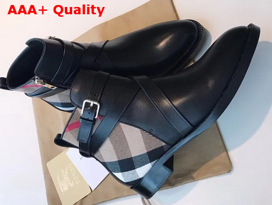 Burberry Strap Detail Leather and Check Ankle Boots Black Replica