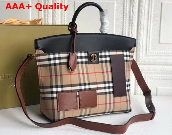 Burberry Vintage Check and Leather Society Top Handle Bag Archive Beige Black Replica