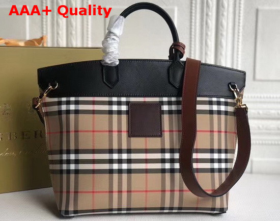 Burberry Vintage Check and Leather Society Top Handle Bag Archive Beige Black Replica