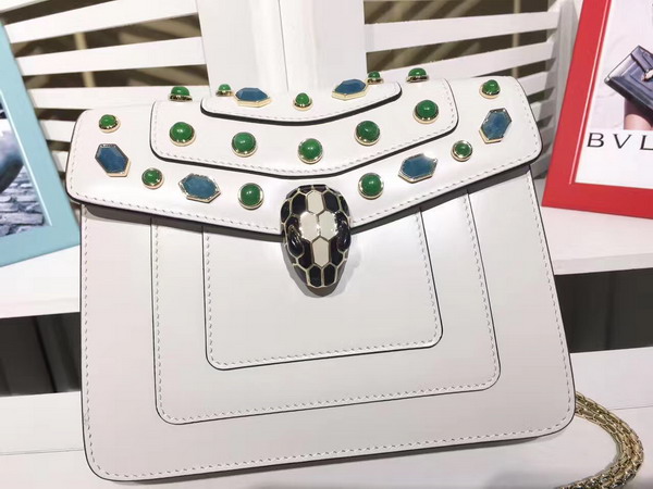 Bvlgari Flap Cover Bag Serpenti Forever in White Agate Calf Leather Featuring The Scaglie Beads Motif in Emerald Green and Cloud Topaz Quartzes For Sale