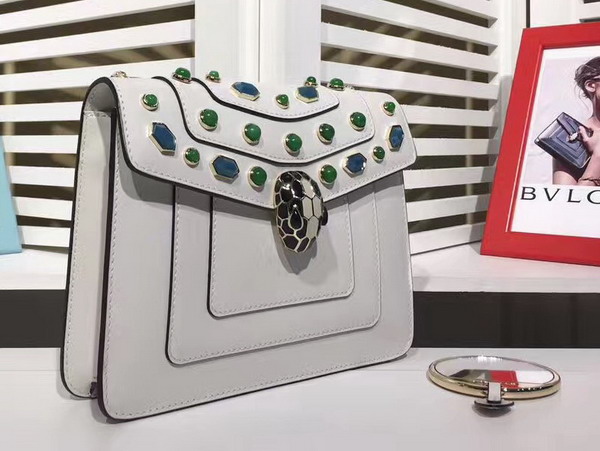 Bvlgari Flap Cover Bag Serpenti Forever in White Agate Calf Leather Featuring The Scaglie Beads Motif in Emerald Green and Cloud Topaz Quartzes For Sale