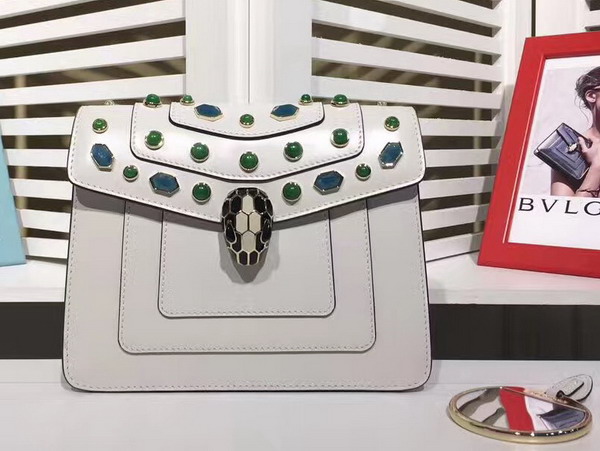 Bvlgari Flap Cover Bag Serpenti Forever in White Agate Calf Leather Featuring The Scaglie Beads Motif in Emerald Green and Cloud Topaz Quartzes For Sale