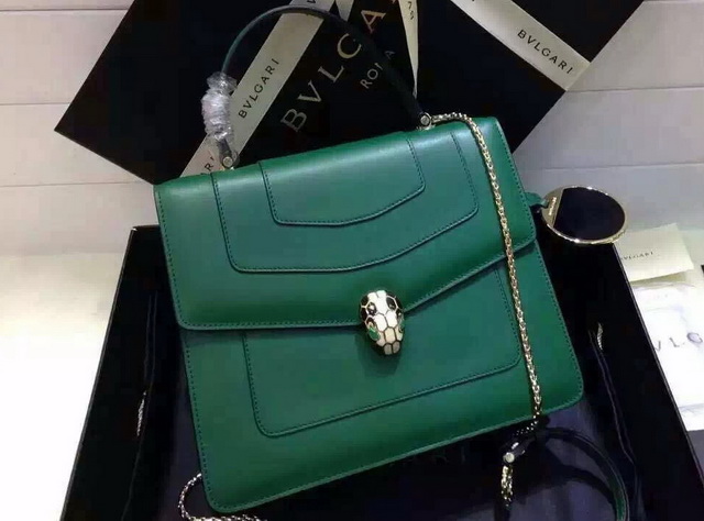 Bvlgari Top Handle Flap Cover Bag Serpenti Head Closure Green Calf Leather for Sale