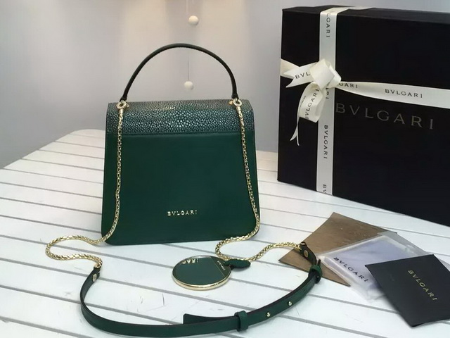 Bvlgari Serpenti Forever Flap Cover Bag in Green Galuchat Skin and Calf Leather for Sale