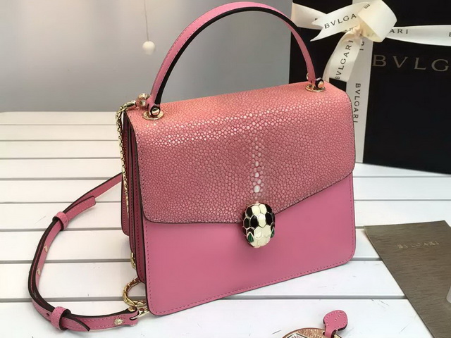 Bvlgari Serpenti Forever Flap Cover Bag in Pink Galuchat Skin and Calf Leather for Sale