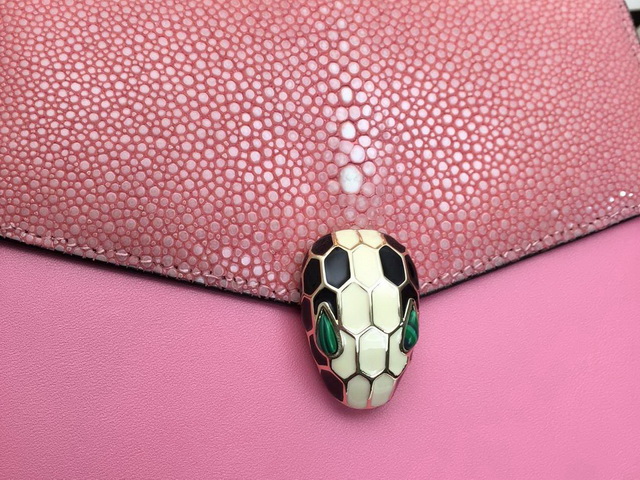 Bvlgari Serpenti Forever Flap Cover Bag in Pink Galuchat Skin and Calf Leather for Sale