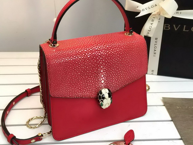 Bvlgari Serpenti Forever Flap Cover Bag in Red Galuchat Skin and Calf Leather for Sale