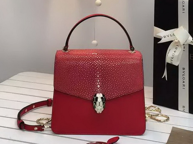 Bvlgari Serpenti Forever Flap Cover Bag in Red Galuchat Skin and Calf Leather for Sale