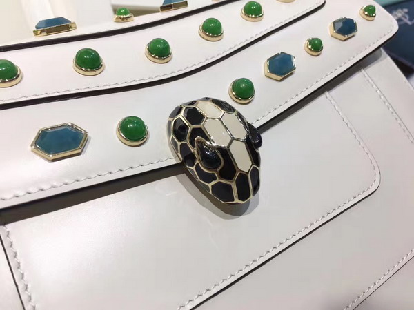 Bvlgari Serpenti Forever Medium Flap Cover Bag in White Calfskin Featuring The Scaglie Beads Motif in Emerald Green and Cloud Topaz Quartzes For Sale