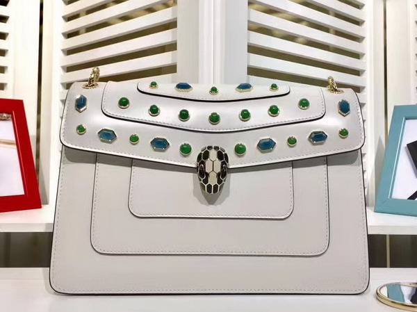 Bvlgari Serpenti Forever Medium Flap Cover Bag in White Calfskin Featuring The Scaglie Beads Motif in Emerald Green and Cloud Topaz Quartzes For Sale