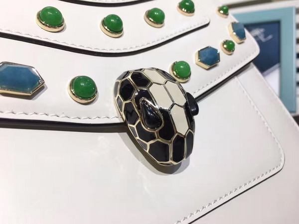 Bvlgari Serpenti Forever Small Top Handle Flap Cover Bag in White Shiny Smooth Calfskin Featuring The Scaglie Beads Motif in Emerald Green and Cloud Topaz Quartzes For Sale