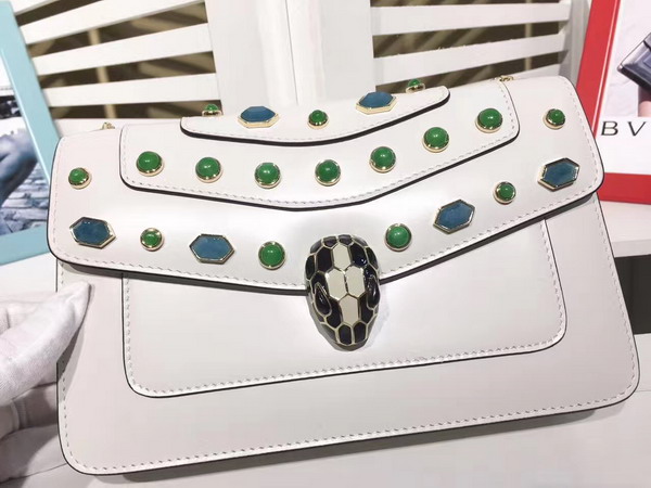 Bvlgari Small Flap Cover Bag Serpenti Forever in White Agate Calf Leather Featuring The Scaglie Beads Motif in Emerald Green and Cloud Topaz Quartzes For Sale