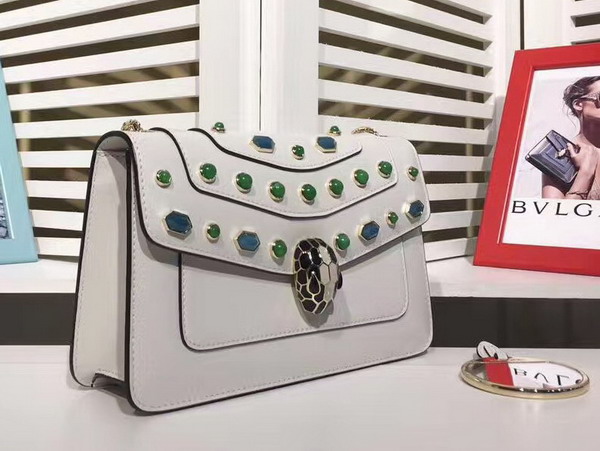 Bvlgari Small Flap Cover Bag Serpenti Forever in White Agate Calf Leather Featuring The Scaglie Beads Motif in Emerald Green and Cloud Topaz Quartzes For Sale