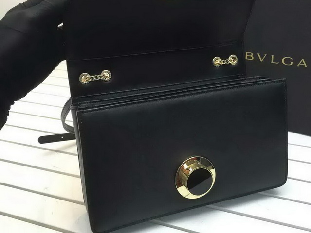 Flap Cover Bvlgari Signature Bag in Black Calf Leather with Brass Light Gold Plated Metal Parts for Sale