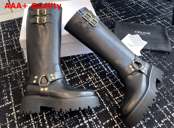 Celine Biker Mid Boot with Harness in Black Calfskin Replica