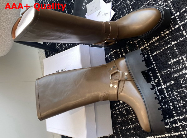 Celine Biker Mid Boot with Harness in Khaki Calfskin Replica