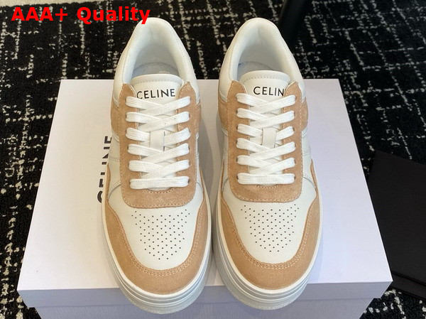 Celine Block Sneakers with Wedge Outsole in Calfskin and Suede White and Beige Replica