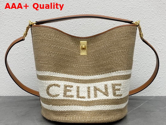 Celine Bucket 16 Bag in Textile with Celine Logo and Smooth Calfskin Beige Tan Replica