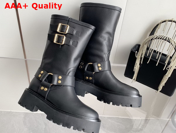 Celine Bulky Bid Biker Boot with Harness in Black Calfskin Replica