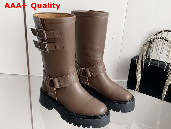 Celine Bulky Bid Biker Boot with Harness in Khaki Calfskin Replica