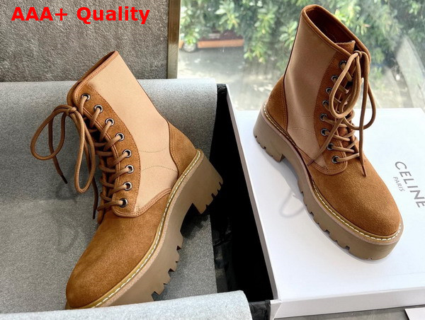 Celine Bulky Lace Up Boot with Triomphe in Nylon and Suede Calfskin Dark Beige Replica