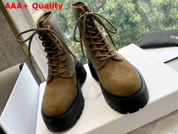 Celine Bulky Lace Up Boot with Triomphe in Nylon and Suede Calfskin Khaki Replica