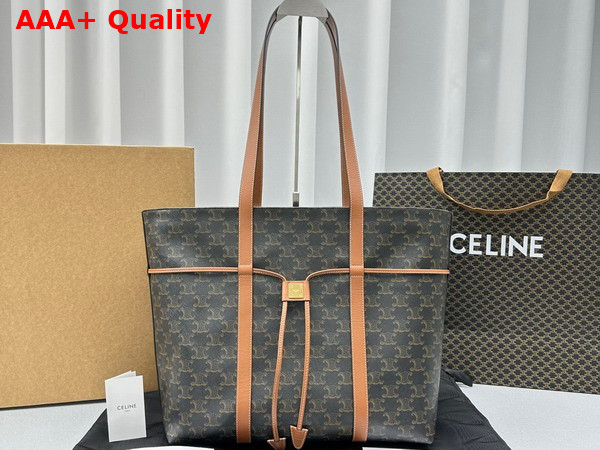 Celine Cabas Drawstring in Triomphe Canvas and Calfskin Tan Replica