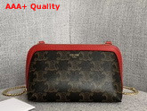 Celine Clutch with Chain in Triomphe Canvas and Lambskin Red Replica