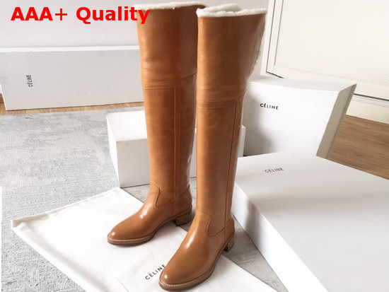 Celine Folco Over The Knee Boot in Tan Calfskin and Lamb Shearling Replica