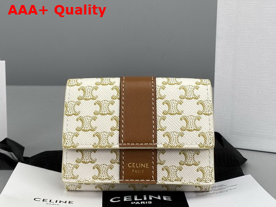 Celine Folded Compact Wallet in Triomphe Canvas and Lambskin White Tan Replica