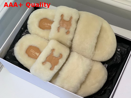 Celine Fur Slides Triomphe Open Slide in Shearling Beige Replica