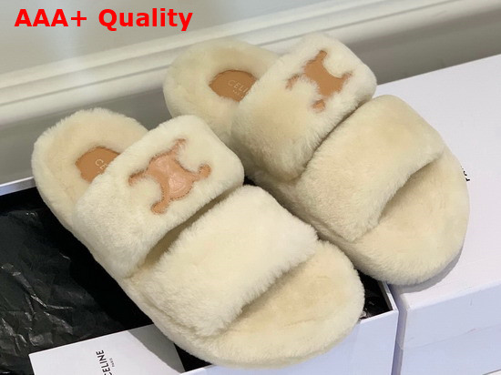 Celine Fur Slides Triomphe Open Slide in Shearling Beige Replica