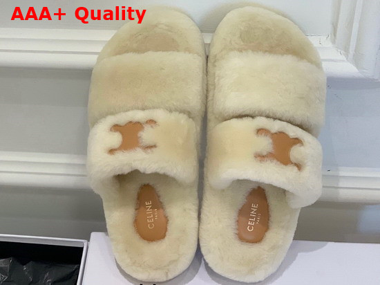 Celine Fur Slides Triomphe Open Slide in Shearling Beige Replica