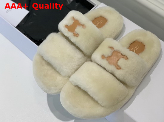 Celine Fur Slides Triomphe Open Slide in Shearling Beige Replica