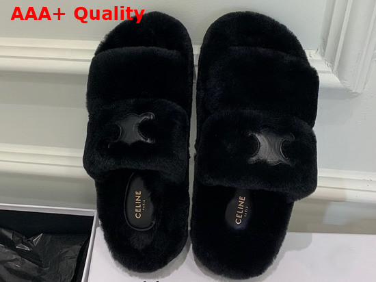 Celine Fur Slides Triomphe Open Slide in Shearling Black Replica