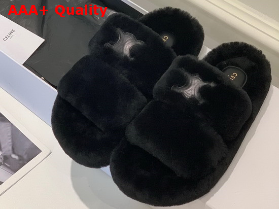 Celine Fur Slides Triomphe Open Slide in Shearling Black Replica