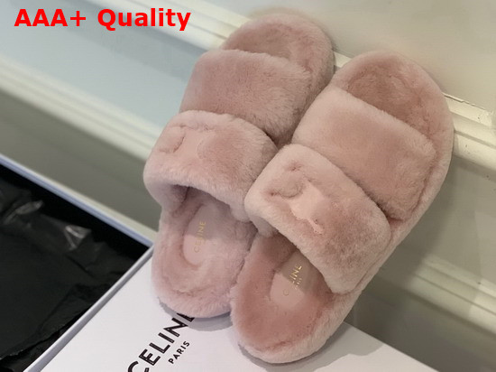 Celine Fur Slides Triomphe Open Slide in Shearling Pink Replica