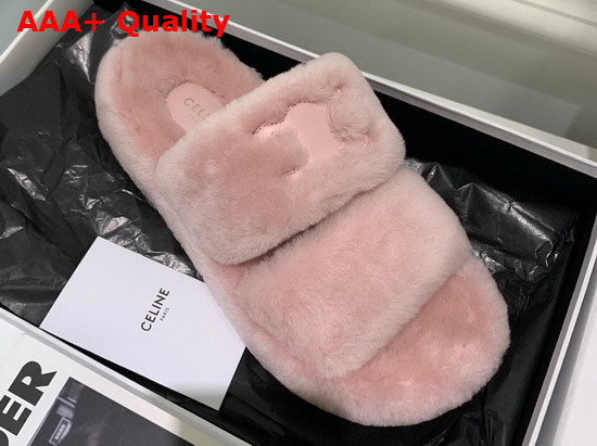 Celine Fur Slides Triomphe Open Slide in Shearling Pink Replica