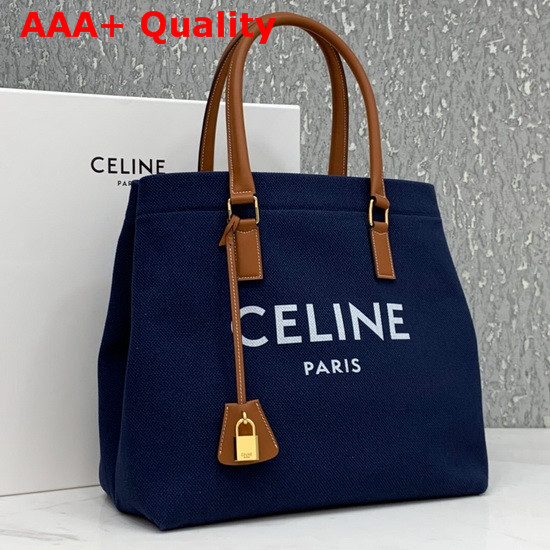 Celine Horizontal Cabas Celine in Navy Blue Canvas with Celine Print and Calfskin Replica