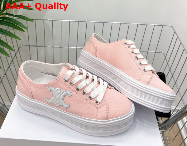 Celine Jane Low Lace Up Sneaker in Light Pink Canvas and Calfskin Replica