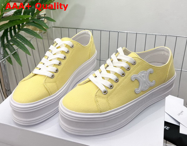 Celine Jane Low Lace Up Sneaker in Light Yellow Canvas and Calfskin Replica