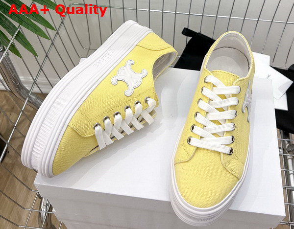 Celine Jane Low Lace Up Sneaker in Light Yellow Canvas and Calfskin Replica