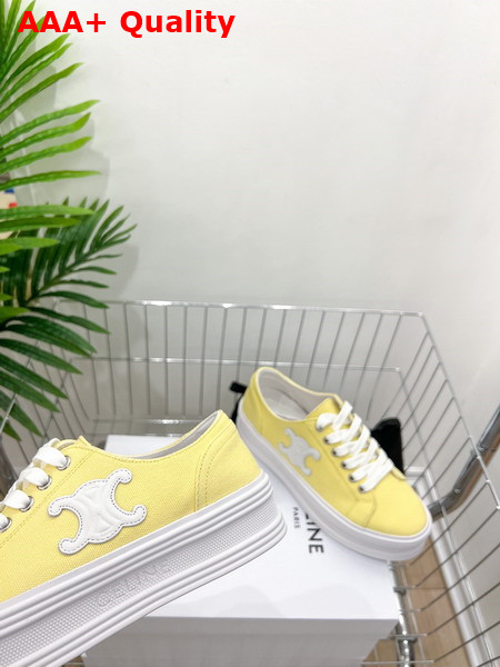 Celine Jane Low Lace Up Sneaker in Light Yellow Canvas and Calfskin Replica