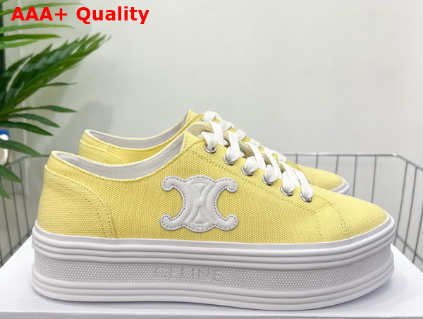 Celine Jane Low Lace Up Sneaker in Light Yellow Canvas and Calfskin Replica