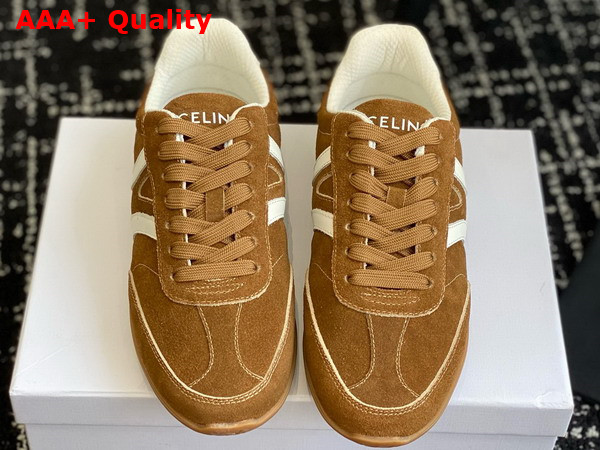 Celine Jogger Low Lace Up Sneaker with Triomphe in Suede Calfskin and Calfskin Tan and Optic White Replica