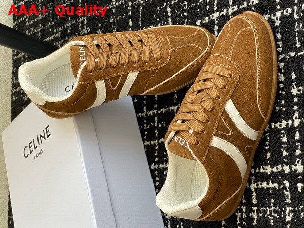 Celine Jogger Low Lace Up Sneaker with Triomphe in Suede Calfskin and Calfskin Tan and Optic White Replica