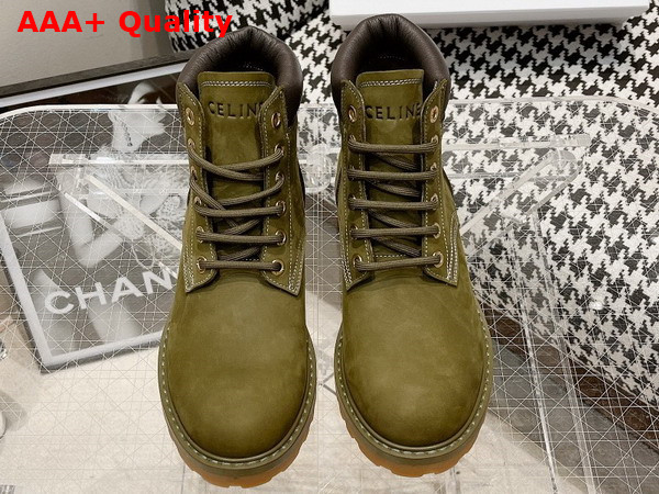 Celine Kurt High Lace Up Boot in Nubuck Calfskin and Calfskin Army Green Replica