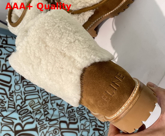 Celine Margaret Lace Up Fur Boot in Suede Calfskin and Shearling Tan Replica