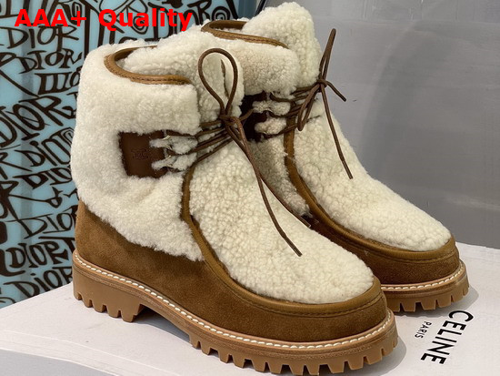 Celine Margaret Lace Up Fur Boot in Suede Calfskin and Shearling Tan Replica