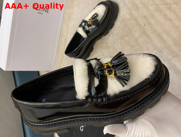 Celine Margaret Loafer with Tassels in Polished Bull and Shearling Black Natural Replica